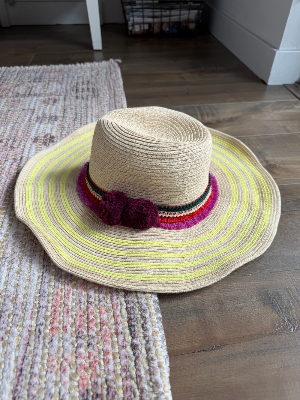 Scotch & Soda Cream Straw Sun Hat with Yellow Stripes and Burgundy Pom Pom